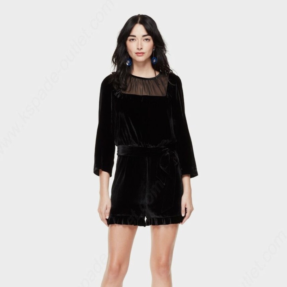 Kate Spade New York Black Sheer Panel Ruffle Trim Velvet Romper (missing belt)